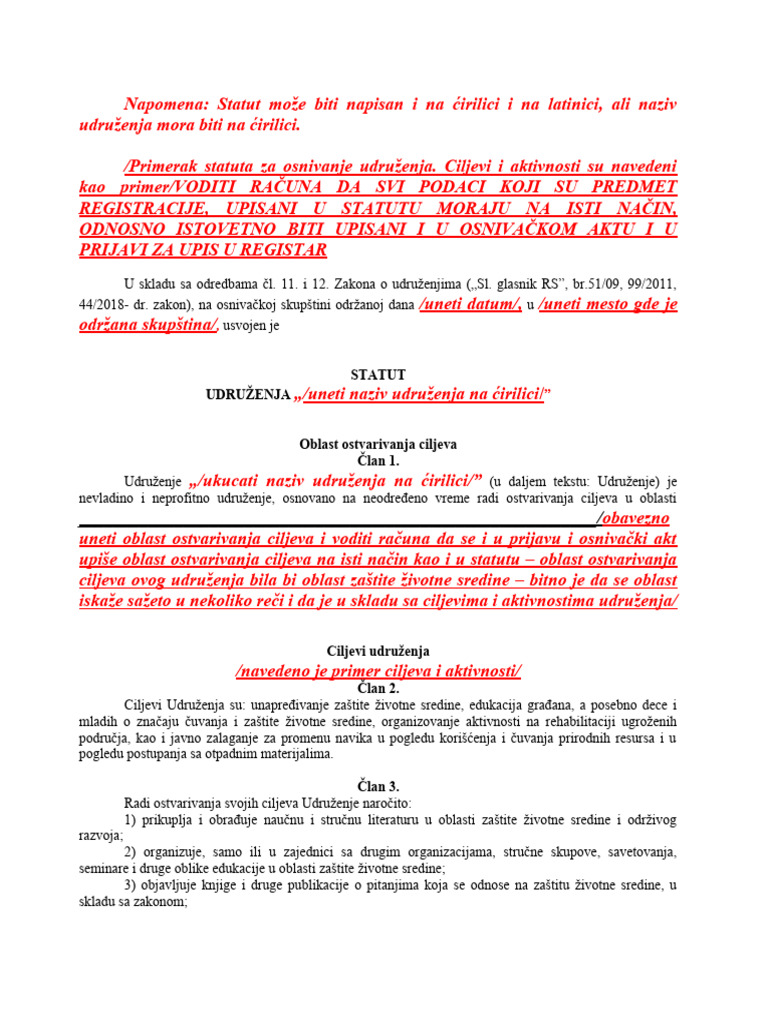 Primer Statuta Udruzenja Osnivanje | PDF