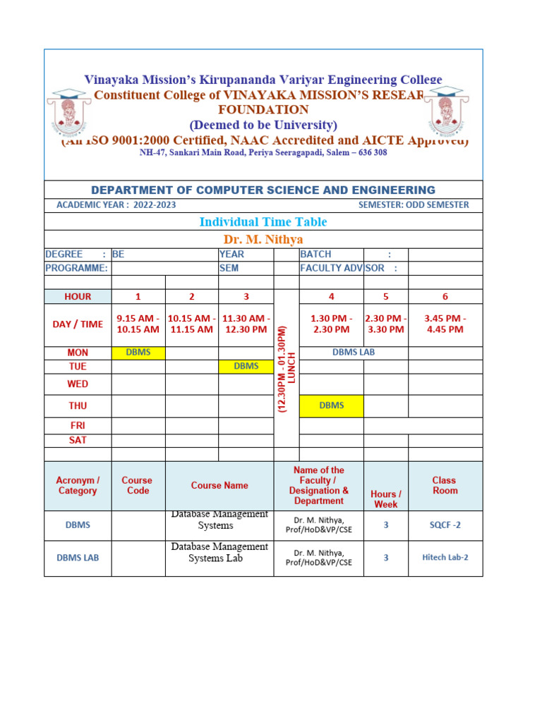 Odd Semester Individual Time Table | PDF
