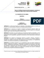 Articulado Radicado de Nueva Ley de Educación Superior, Octubre 2011