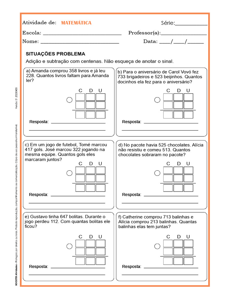 Matemática - 4 - Situação Problema Adição e Subtração de Centena | PDF