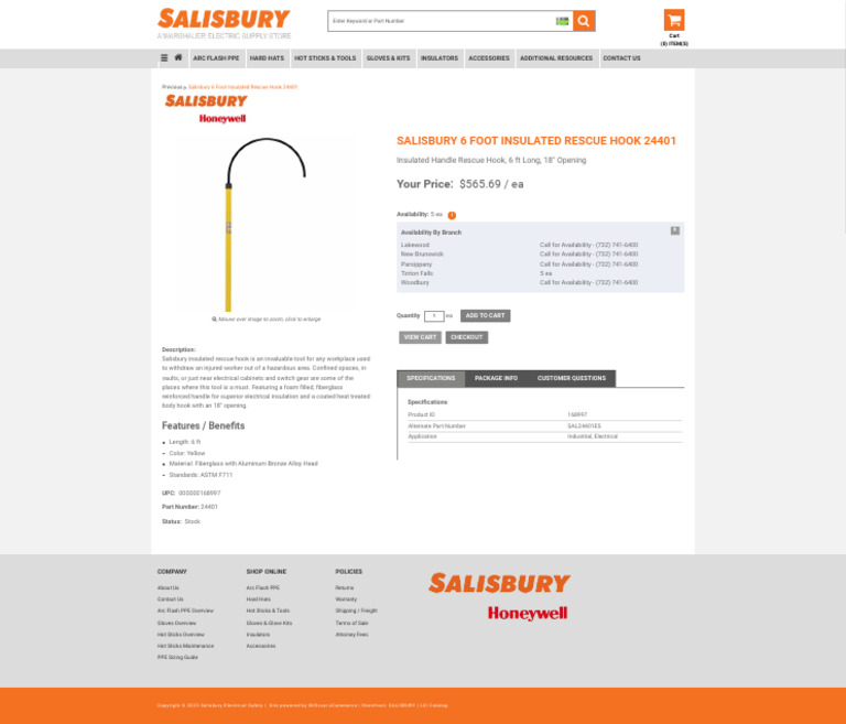 Salisbury 6 Foot Insulated Rescue Hook 24401 Salisbury Electrical Safety PDF Personal