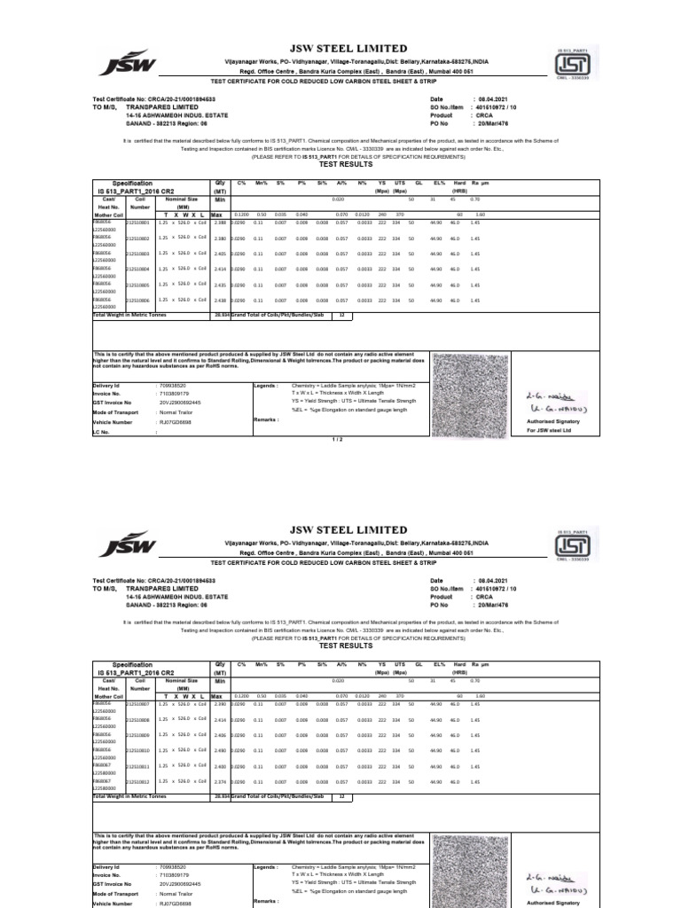 JSW Steel Test Certificate for CRCA | PDF