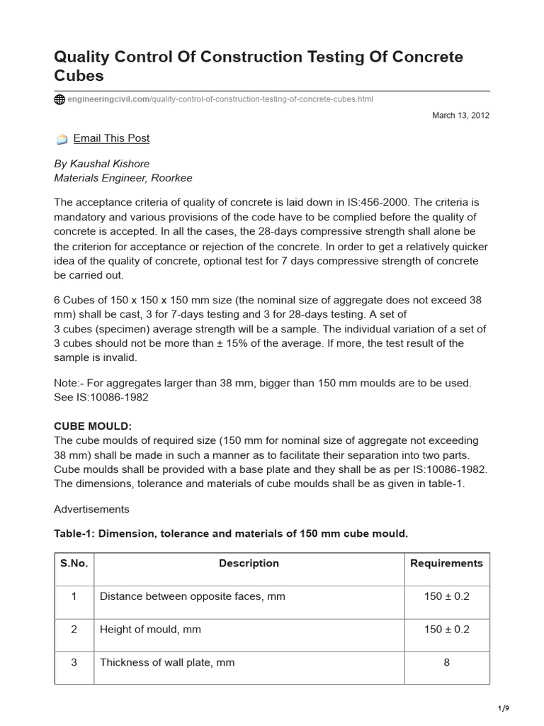 Concrete Cubes Acceptance Criteria PDF Concrete Calibration
