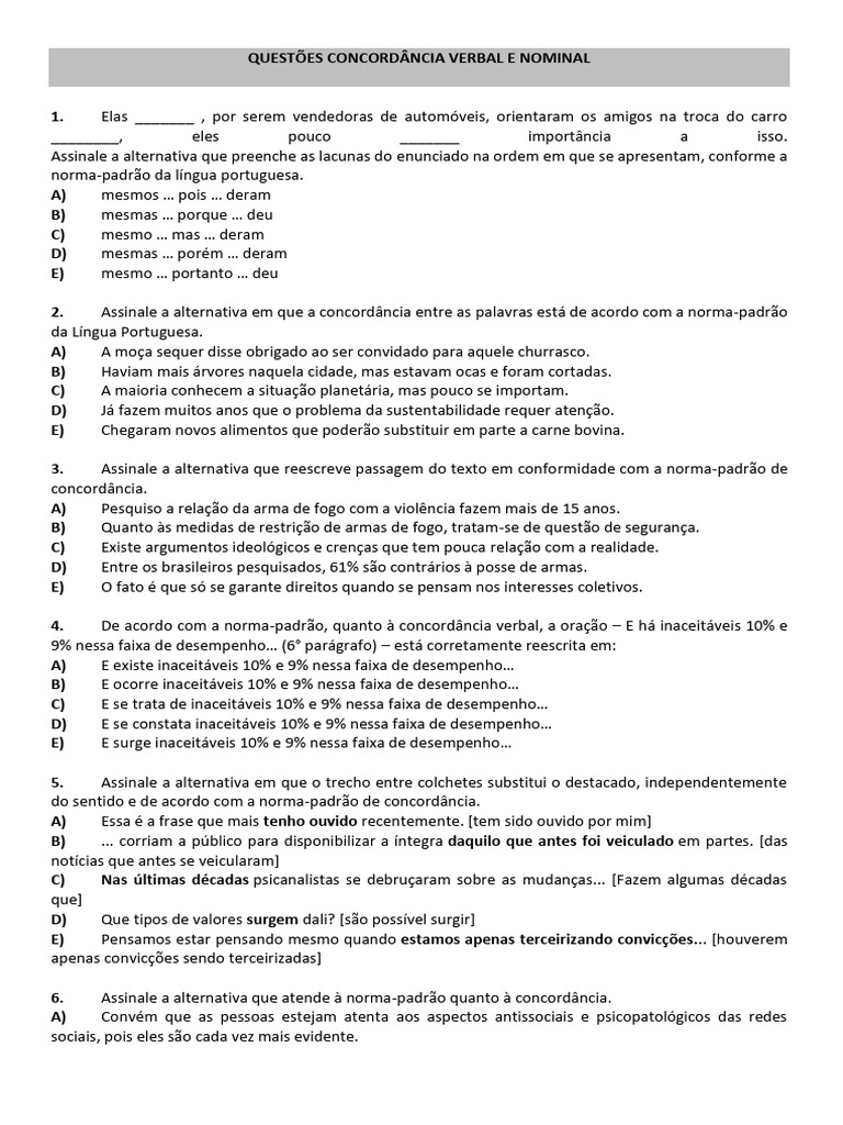 Questões Concordância Verbal e Nominal | PDF