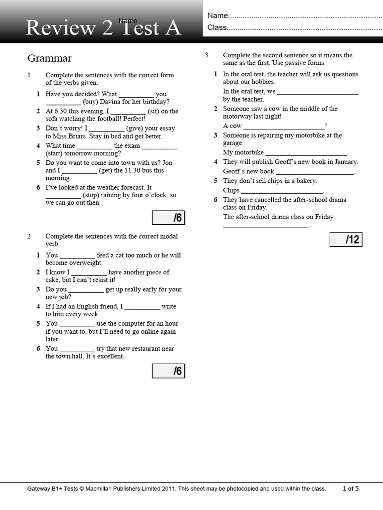 Gateway B1+ Unit 2 Review Test | PDF