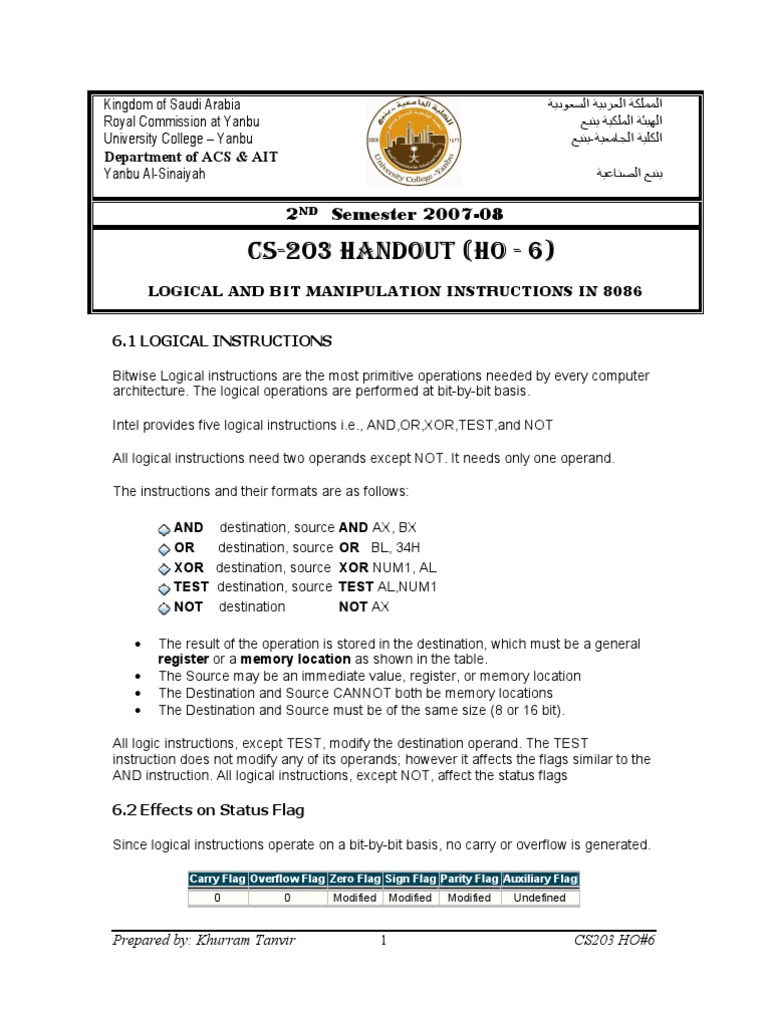 8086 Logical & Bit Manipulation Instructions | PDF | Encodings ...