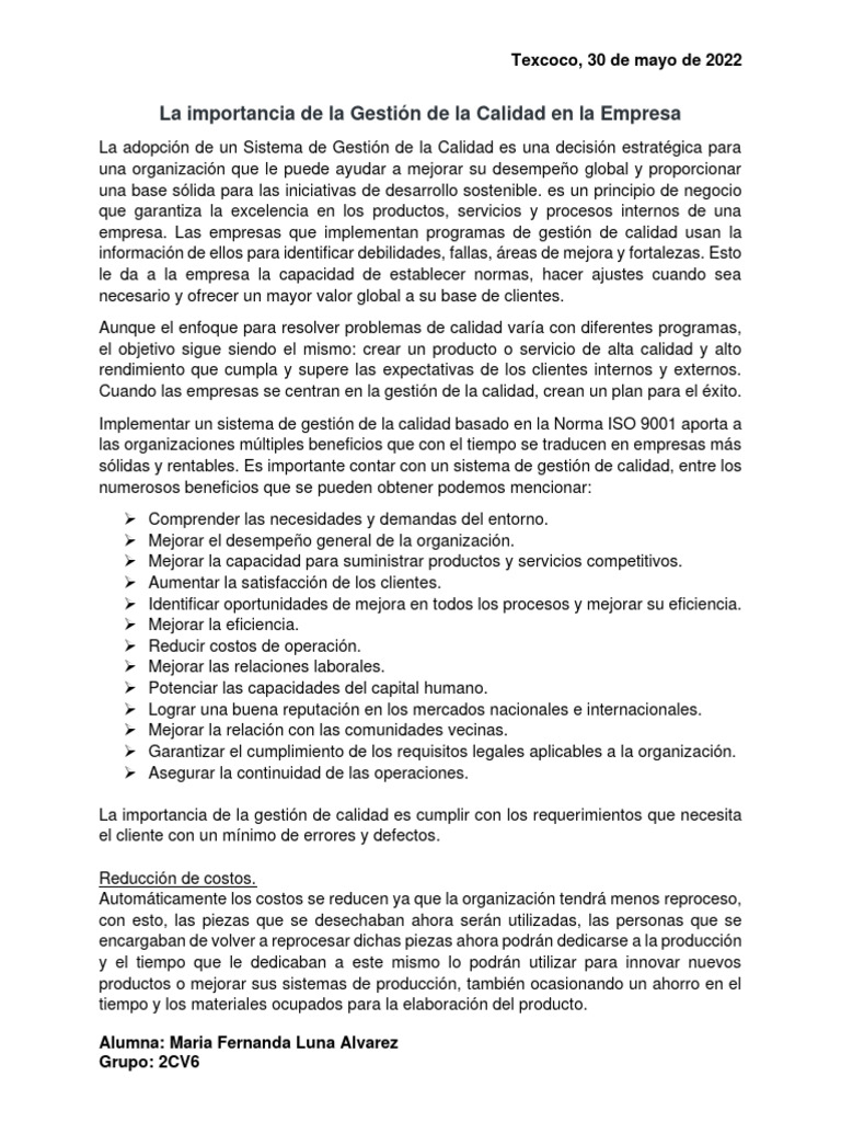 La Importancia de La Gestión de La Calidad en La Empresa | PDF | Negocios