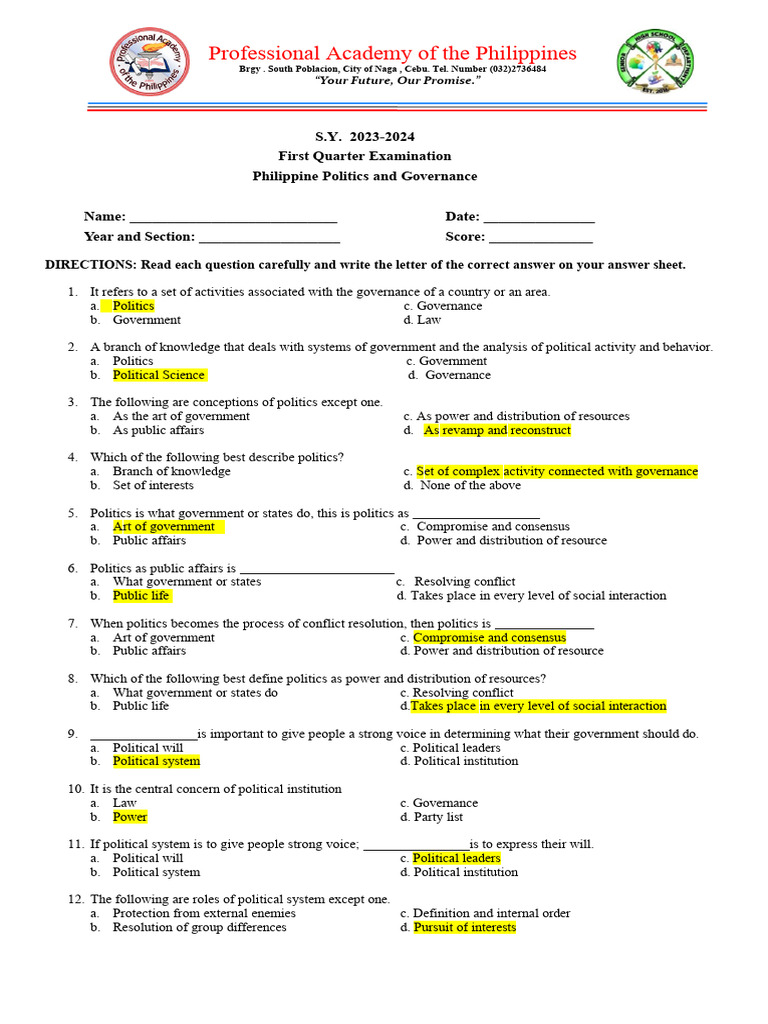 1st Quarterly Exam in Philippine Politics Sy 2023 2024 Answer Key PDF