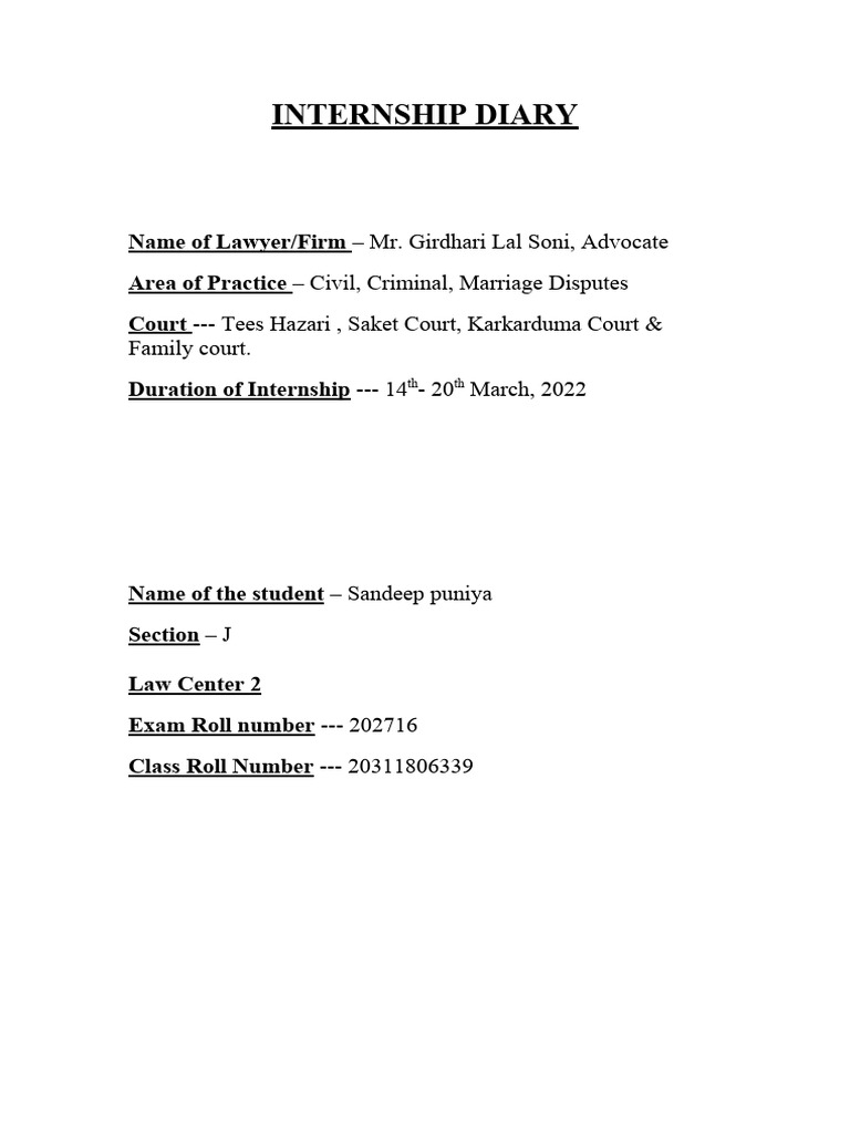 INTERNSHIP DIARY Template1 PDF Lawyer Common Law