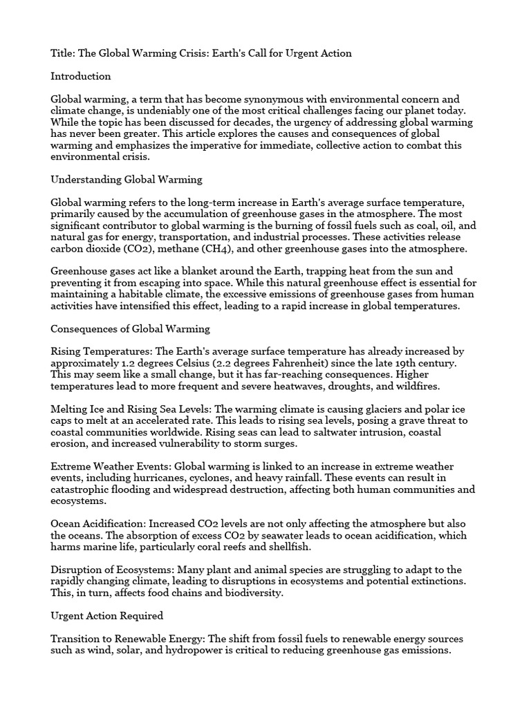 The Global Warming Crisis-Earth's Call For Urgent Action | PDF ...