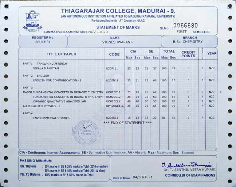 1st Semester Mark Sheet | PDF