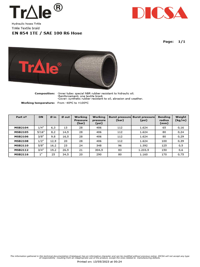 En 854 1te / Sae 100 R6 Hose: Trale Textile Braid | PDF