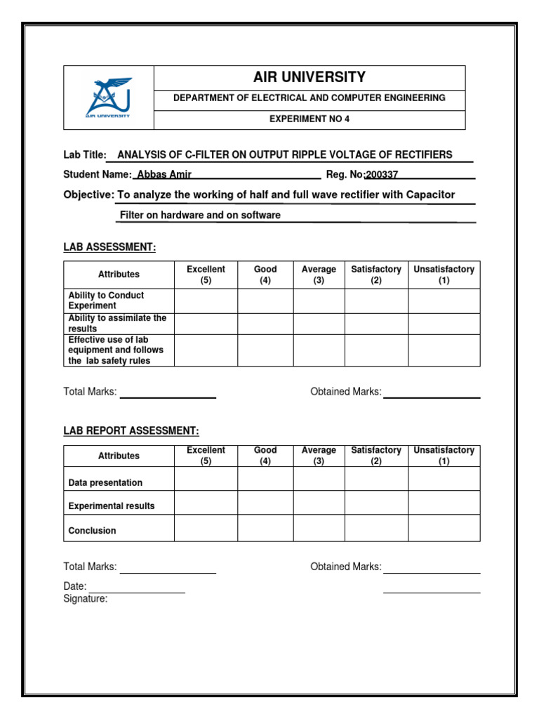 4-Lab#04 Analysis of C Filter On Output Ripple Voltage of Rectifiers | PDF
