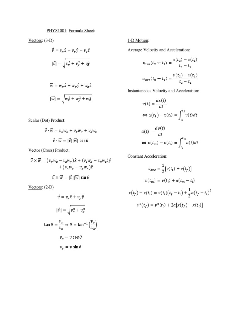 Physics 101 Formula Reference Sheet | PDF | Rotation Around A Fixed ...