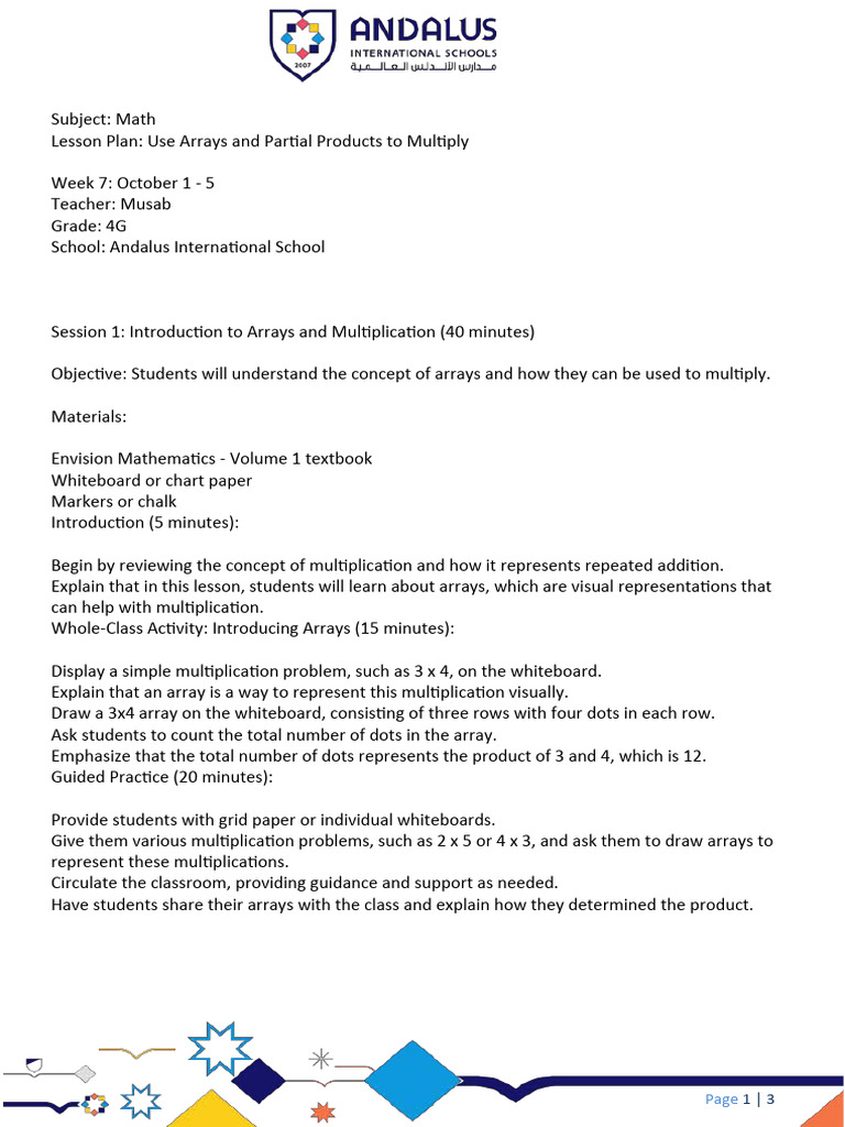 Use Arrays and Partial Products To Multiply Lesson Plan PDF