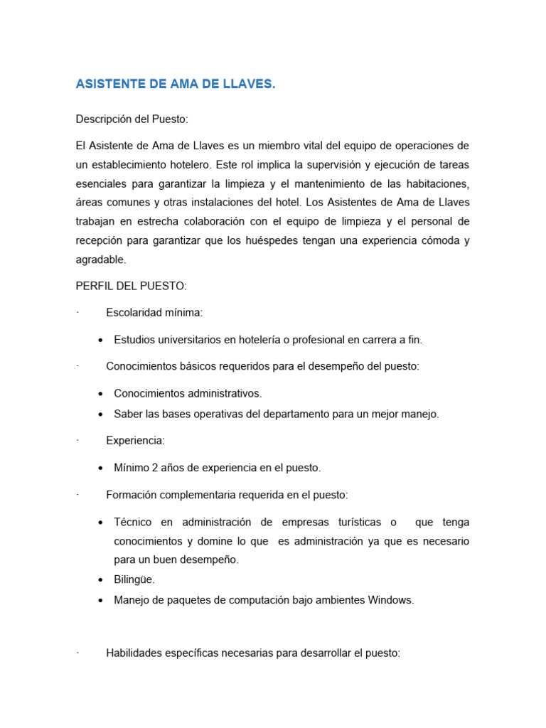 Puesto de Perfil de Asistente de Ama de Llaves y Mozo de Roperia | PDF