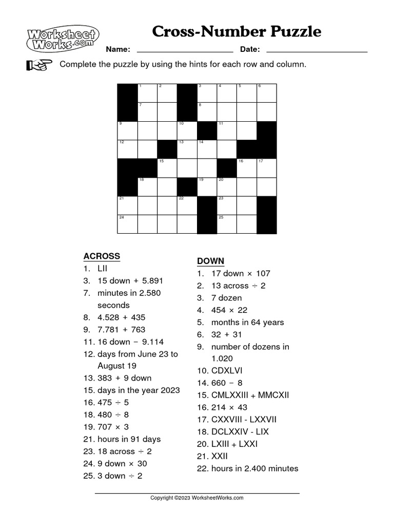 WorksheetWorks CrossNumber Puzzle 1 | PDF