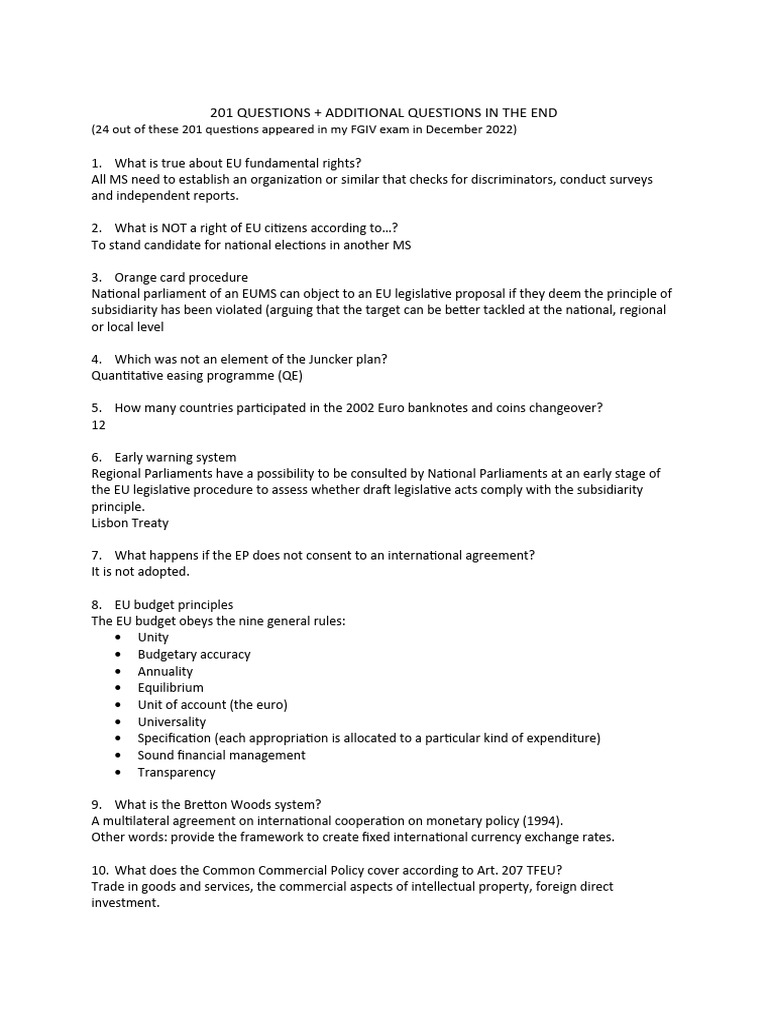 201 EU Exam Questions and Answers | PDF