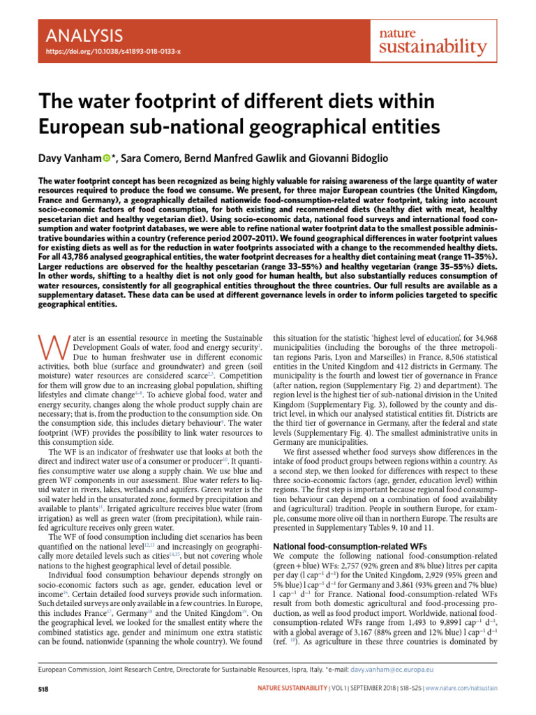 The Water Footprint of Different Diets Within European Sub-National ...