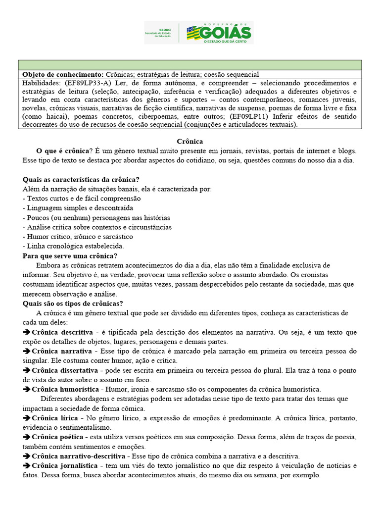 Crônica - Atividades 9°ano | PDF