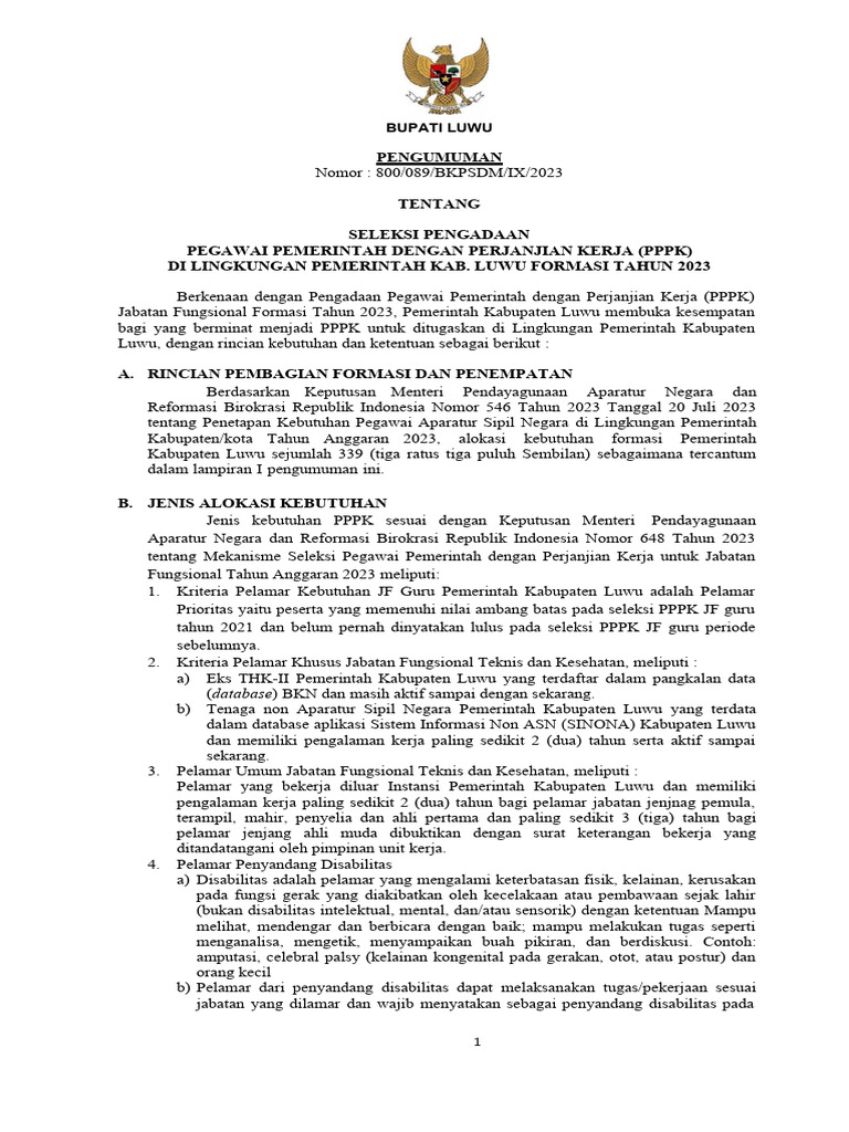 Pengumuman Seleksi Pengadaan Pppk Formasi Tahun 2023 | PDF