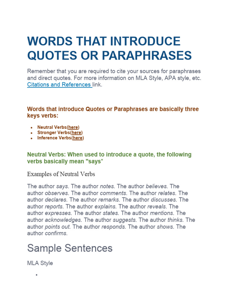 Words That Introduce Quotes or Paraphrases | PDF | Language Arts ...