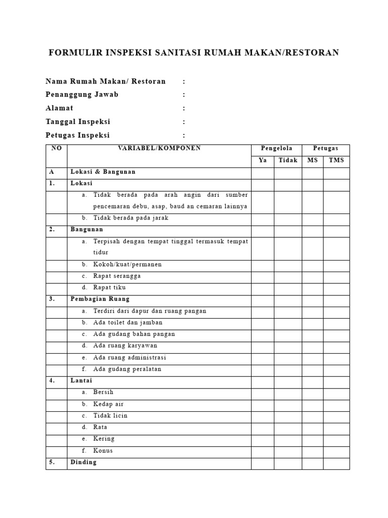 Formulir Inspeksi Kesehatan Restoran | PDF