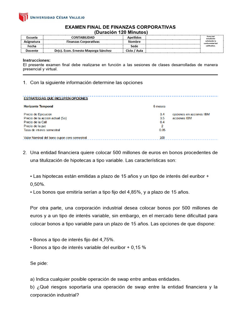 Examen Final de Finanzas Corporativas | PDF | Finanzas y dinero