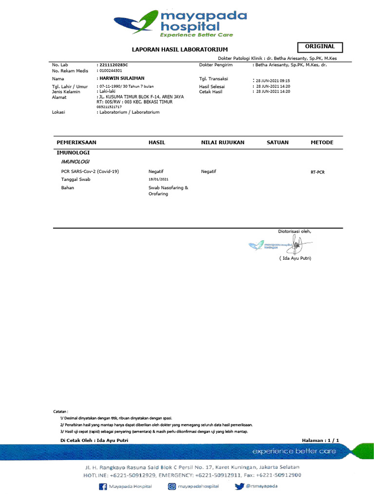 Hasil Lab PCR Covid-19 Negatif Harwin | PDF