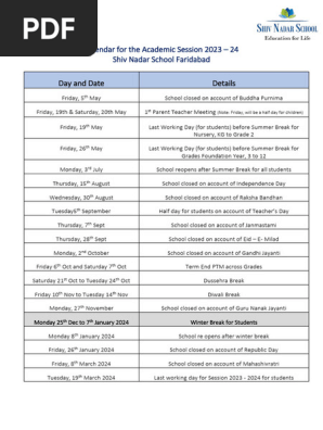 Calendar For The Academic Session 2023 - 24 (Shiv Nadar School Faridabad) |  PDF