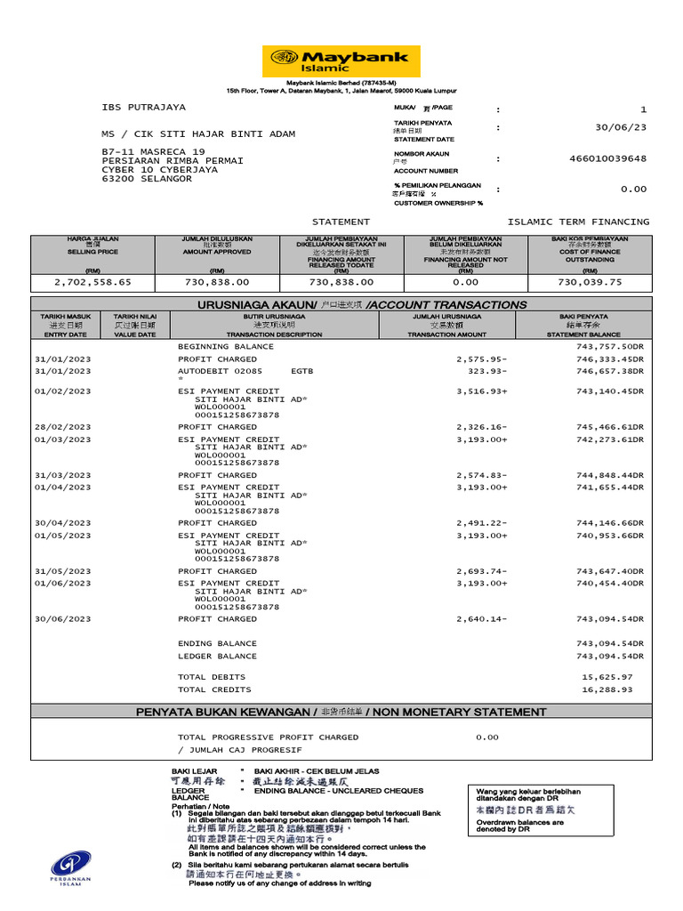 Ibs Putrajaya 1 30 06 23 Urusniaga Akaun Account Transactions Pdf