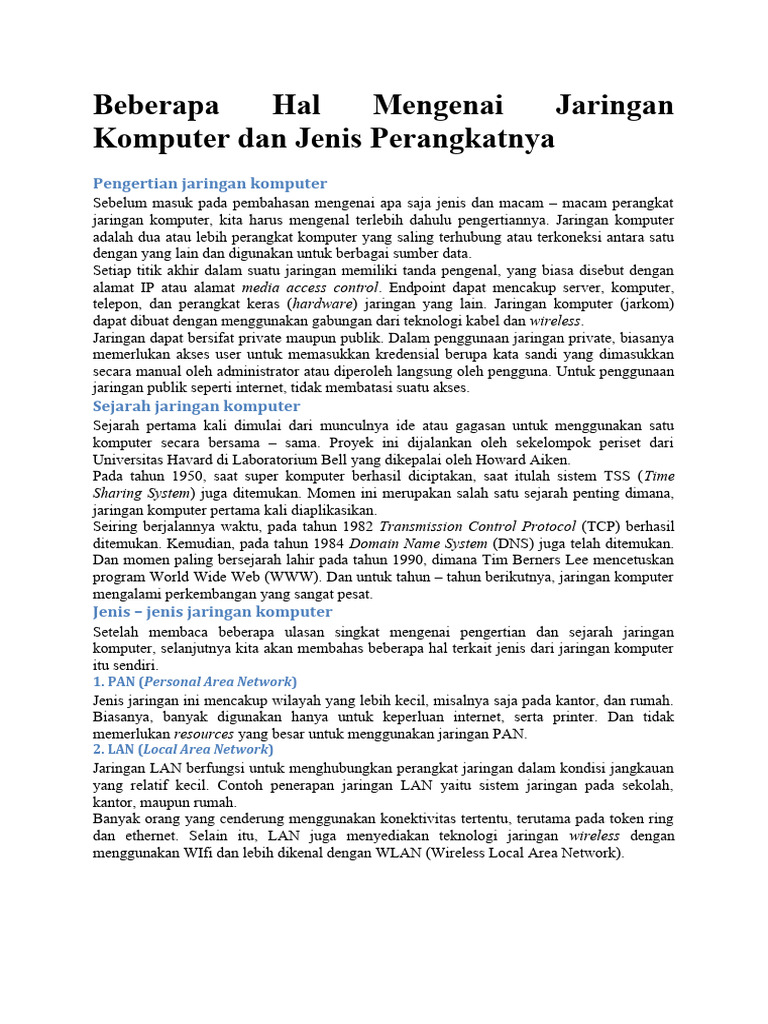 Beberapa hal mengenai jaringan komputer dan jenis perangkatnya pdf