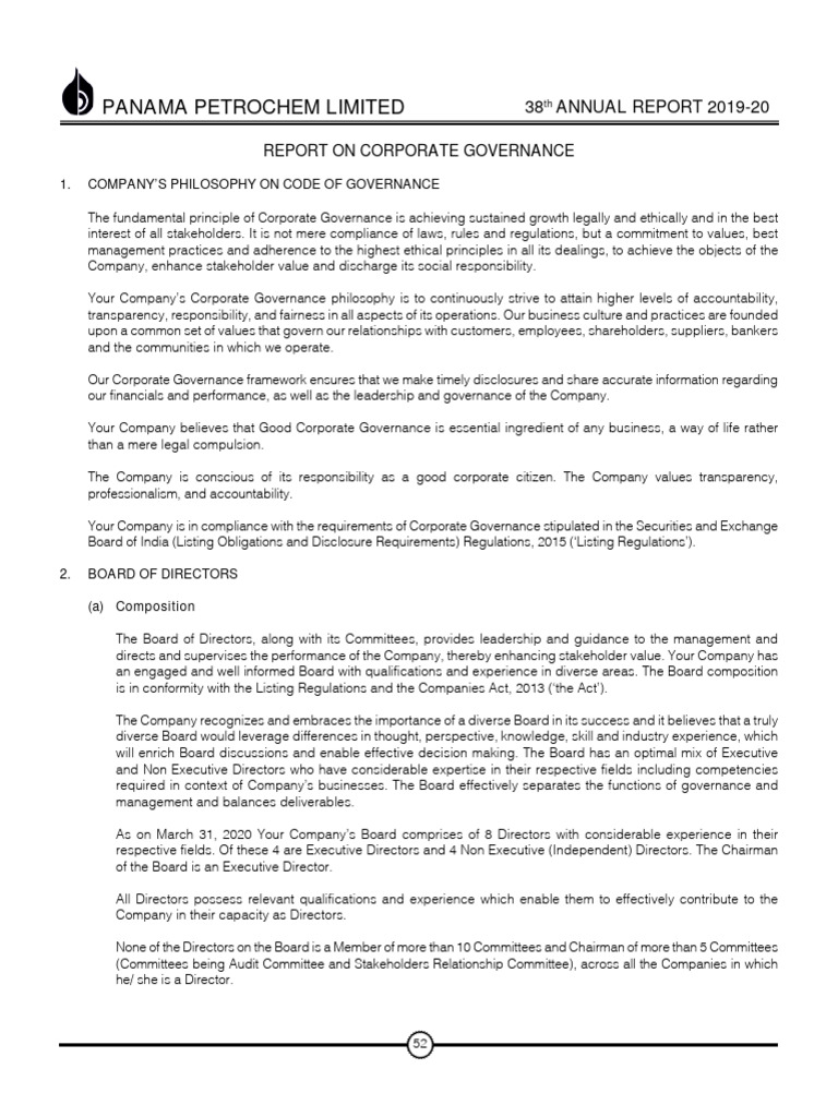 Panama Petrochem Limited Report On Corporate Governance Download Free PDF Corporate