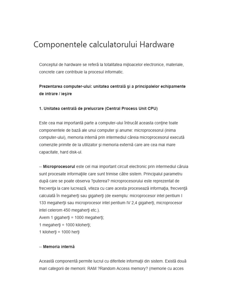 Componentele Calculatorului Hardware | PDF