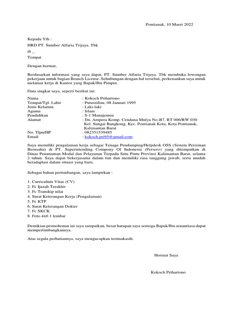 Surat Lamaran Kerja Alfamart | PDF