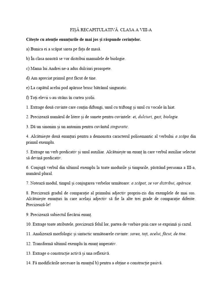 Fisa Recapitulativa. Clasa A Viiia | PDF