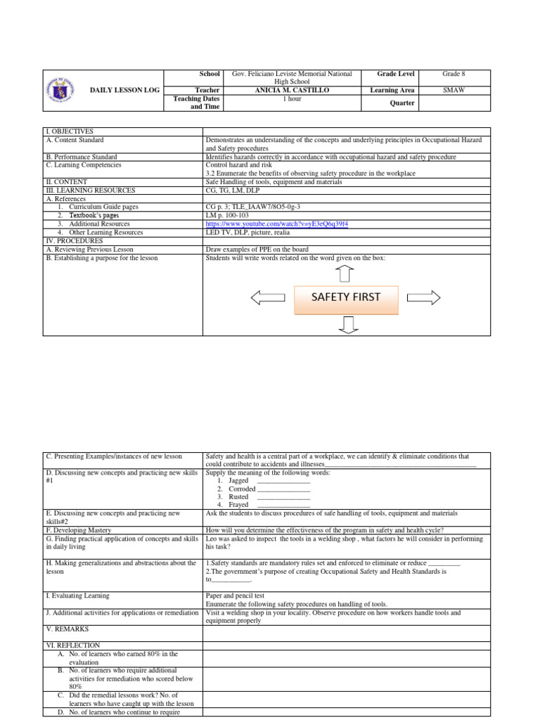 Safe Handling of Tools, Equipment and Materials PDF Learning Safety