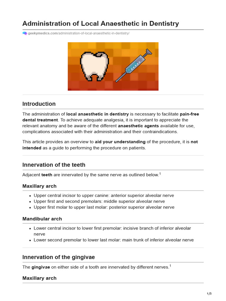 Administration of Local Anaesthetic in Dentistry PDF Dentistry