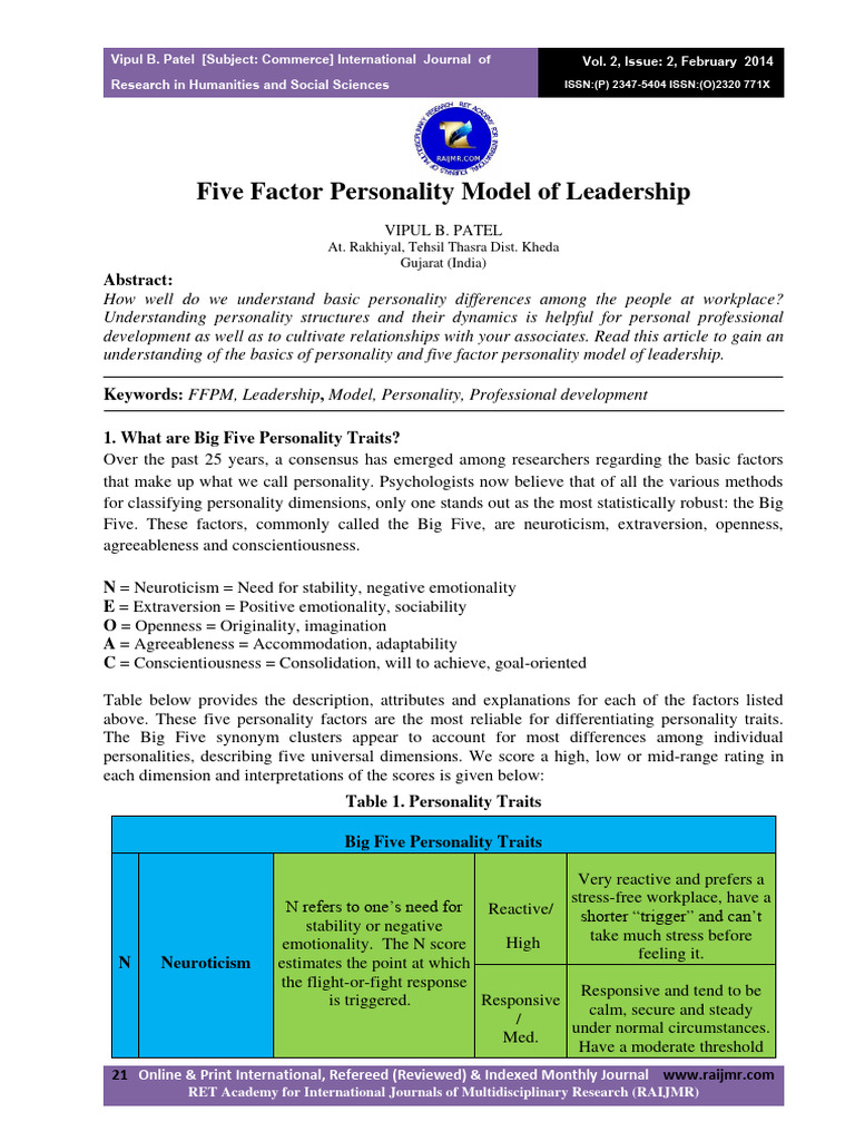 Big Five Personality Traits in Leadership | PDF | Extraversion And ...