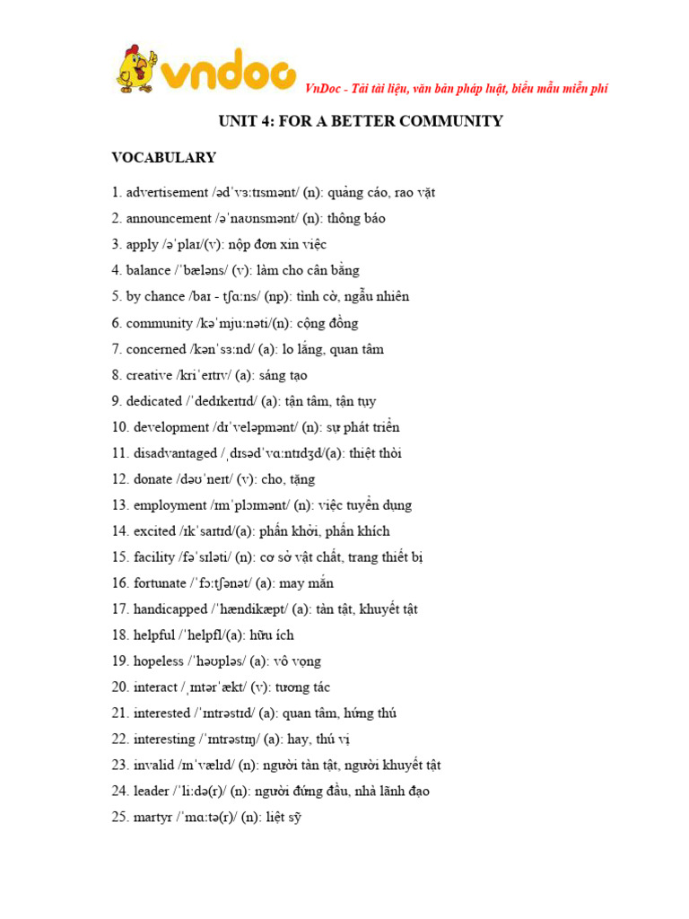Tu Vung Tieng Anh Lop 10 Unit 4 For A Better Community | PDF