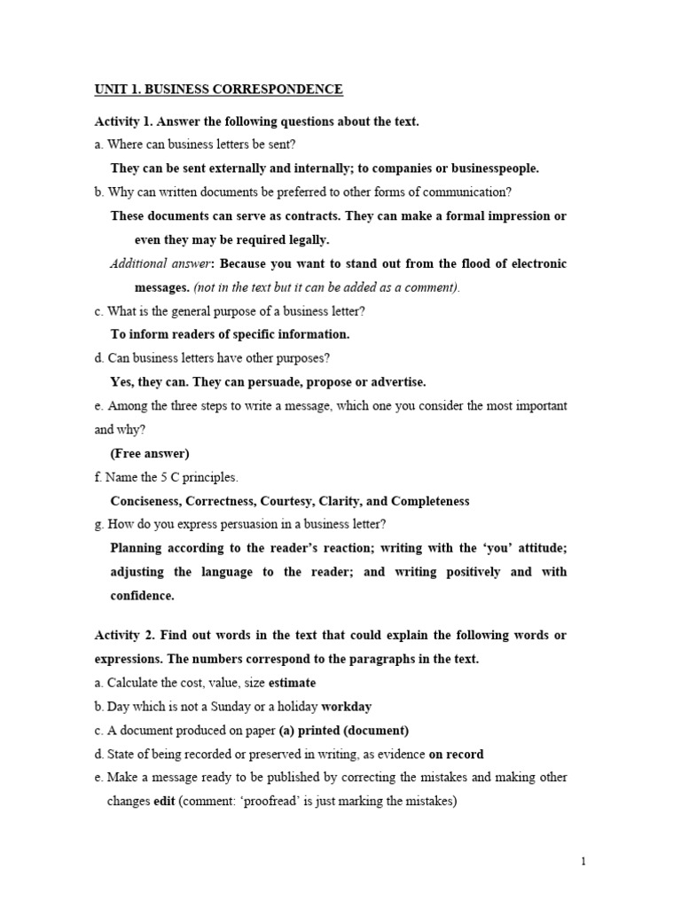 Unit 1Business Correspondence20 21 (Keys) PDF