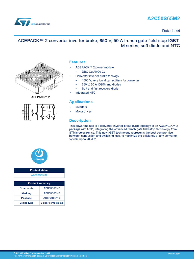 ACEPACK™ 2 Converter Inverter Brake, 650 V, 50 A Trench Gate Field-Stop ...