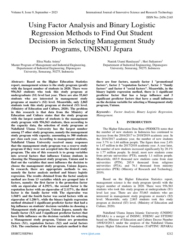 Using Factor Analysis and Binary Logistic Regression Methods To Find ...