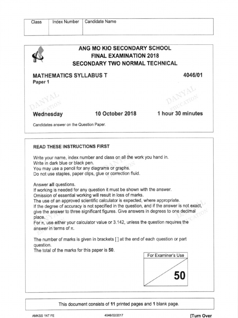 2018 Secondary 2 Normal Technical Math Exam | PDF