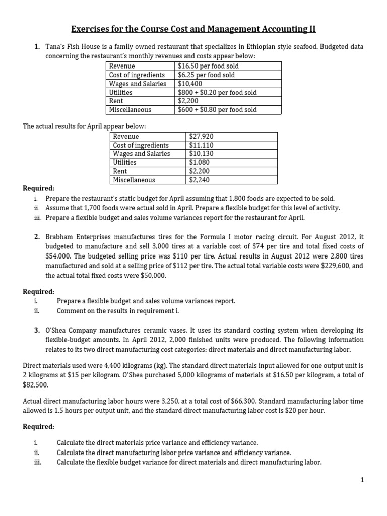 Exercises For The Course Cost and Management Accounting II | PDF
