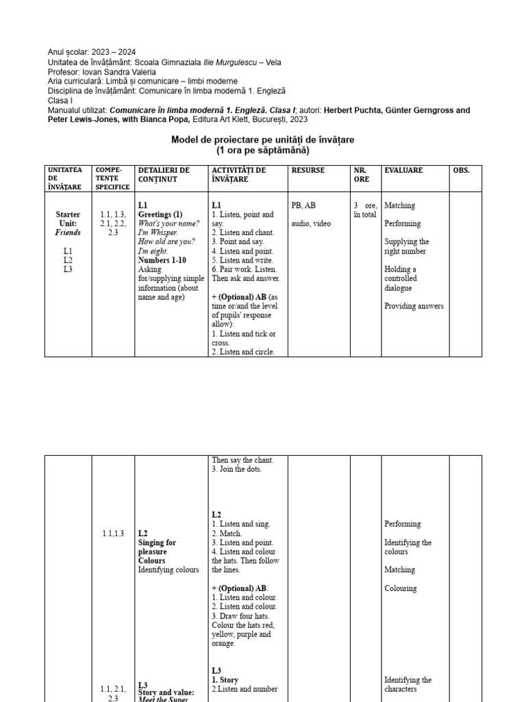 Clasa 1 Planificare Unitati Artklett PDF