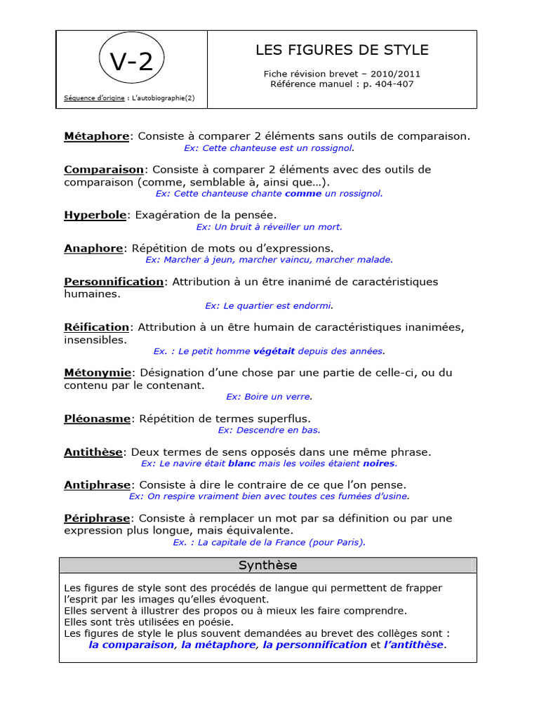 Fiche de révision : Figures de style 3ème | PDF