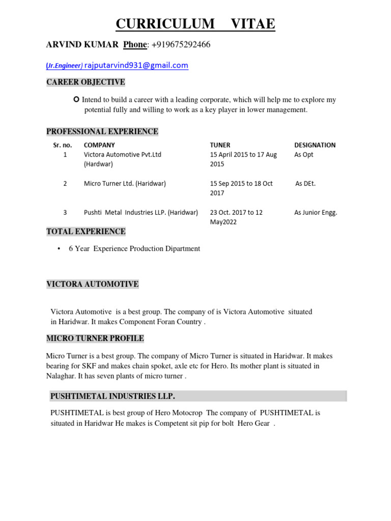Curriculum Vitae: ARVIND KUMAR Phone: +919675292466 | PDF