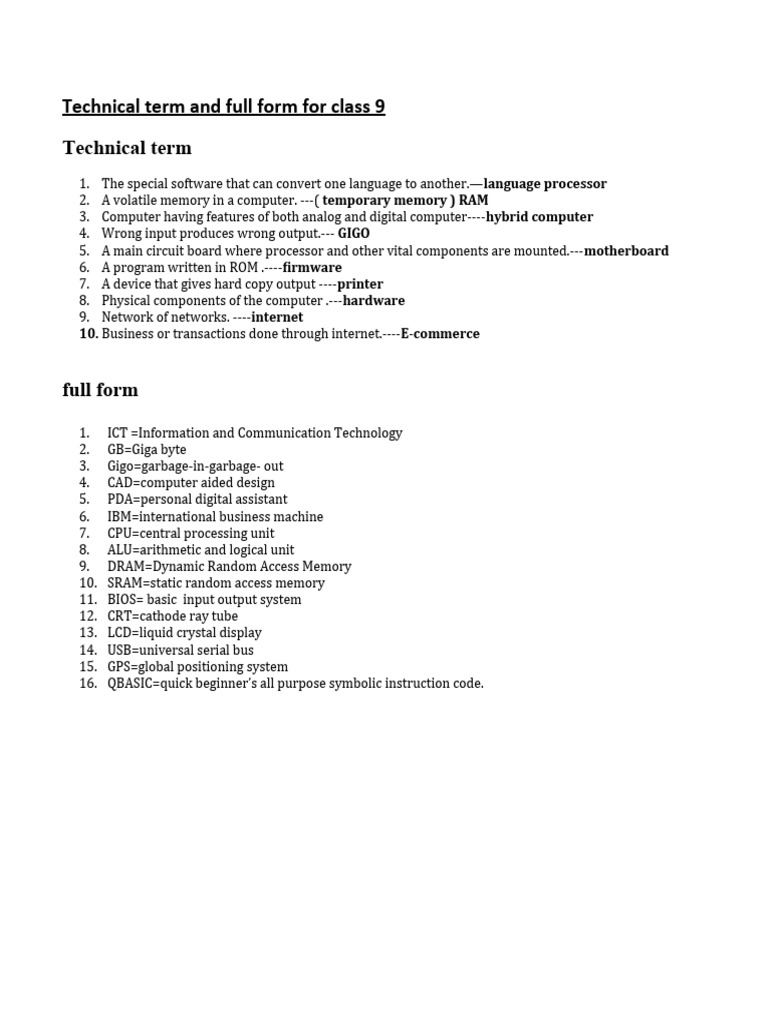 Class 9 Computer Terms and Acronyms | PDF