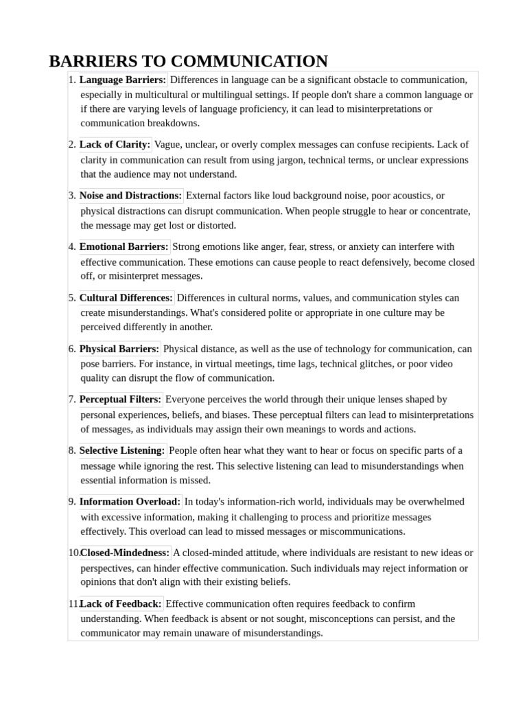 Barriers To Communication PDF Communication Cognition